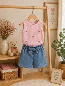 Set pentru fetite PAMPALKIDS cu pantaloni scurti denim