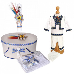 Set traditional, trusou botez, cutie trusou, lumanare si costum national baietel, Denikos® C9088