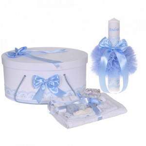 Set trusou botez, cutie trusou si lumanare personalizata cu nume, decor Bleu, Denikos® 904