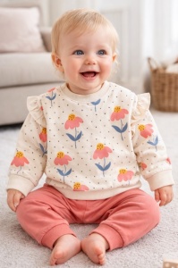 Trening bebe fete 2 piese flori bluza crem volane pantaloni corai