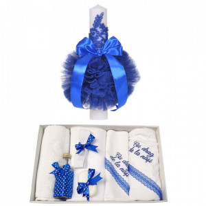 Trusou botez cu mesaj si lumanare eleganta glob cu dantela, decor albastru, Denikos® 742