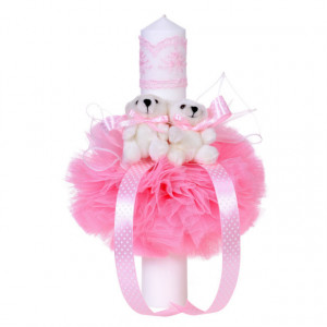 Trusou botez in landou cu floricele si lumanare cu ursuleti, decor roz Denikos® 102 - Img 3
