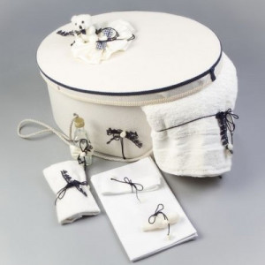 Trusou botez si cutie decorata cu fundite si dantela bleumarin LG102 - Img 2