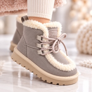 Cizme gri imblanite pentru fete din piele ecologica, talpa cauciuc, Model Cozy