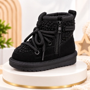 Cizme negre imblanite pentru fete SuperBaby din piele ecologica, talpa cauciuc, cu siret si fermoar, peste glezna, casual - Img 3