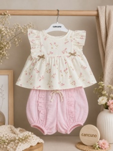 Compleu din doua piese din muselina, bumbac, BEBLY KIDS - Img 4