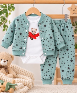 Costum bebe băieți 3 piese verde cu imprimeu stelute și ursuleț din bumbac moale Superbebe Shop (2) - Img 2