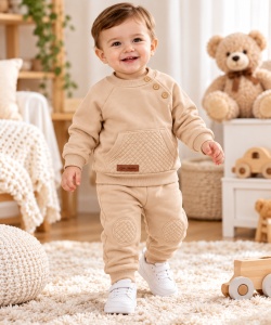Costum vatuit bebeluși băieți 2 piese bej bumbac moale cu hanorac și pantaloni cu genunchere Superbebe Shop