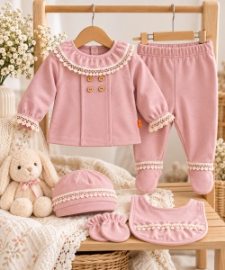 Costumas bebelusi fete 5 piese roz pudra cu dantela, bumbac 100% Superbebe Shop