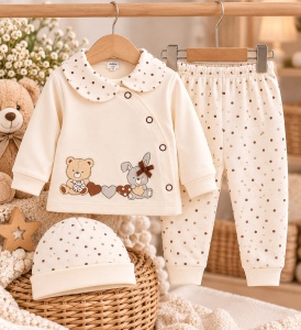 Costumas bumbac bebelusi 3 piese crem cu buline si imprimeu ursulet si iepure set complet cu bluza maneca lunga, pantaloni si caciulita