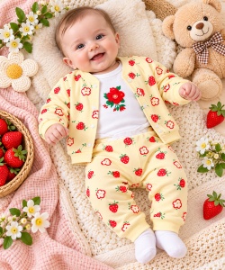 Costumas bumbac bebelusi 3 piese galben cu imprimeu fructe, bluza maneca lunga cu capse, pantaloni si caciulita Superbebe Shop