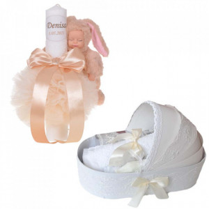 Lumanare botez cu iepuras, personalizata si trusou botez in landou, decor Ivoire, Denikos® 803