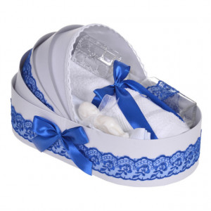 Lumanare botez personalizata si trusou botez in landou, decor dantela Albastra, Denikos® 867 - Img 3