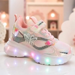 Pantofi sport cu luminite, Model Fluturas, Piele ecologica, Fete, Roz - Img 2