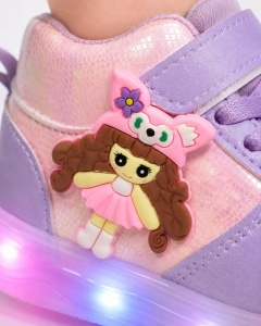 Pantofi sport inalti cu luminite, Model Papusa, Piele ecologica, Fete, Mov - Img 2