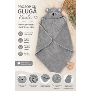 Prosop cu Glugă pentru Copii și Bebeluși Gri – Model Koala - Moale și Absorbant - Img 2