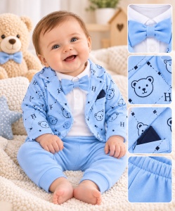 Set bebeluși 3 piese albastru cu sacou ursuleți și papion, bumbac 100% pentru băieți - Img 3