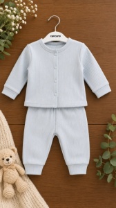 Set bebelusi din 2 piese bumbac rib – Bluza cu capse si pantaloni, culoare gri - Img 2