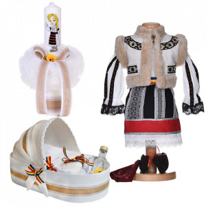 Set costum traditional fetita, trusou botez landou si lumanare, decor national, Denikos® 1052