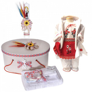 Set costumas rochita traditionala, trusou botez, cutie trusou si lumanare, decor rustic, Denikos® C9109