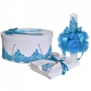 Set elegant trusou botez, cutie trusou si lumanare, decor dantela Turcoaz diafana, Denikos® 960