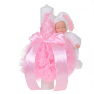 Set elegant trusou botez, cutie trusou si lumanare iepuras pufos, dantela si fundite, decor Roz, Denikos® 926 - Img 3