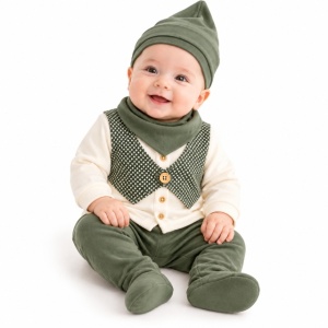 Set nou-născut băiețel 5 piese, verde kaki și crem, bluză cu vestă, pantaloni cu botoșei, căciuliță, bavetă și mănuși
