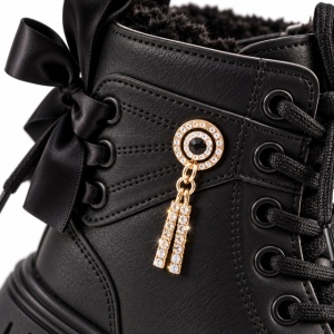 Bocanci negri de fetițe, cu fundițe și accesoriu tip bijuterie, Model Amelie, Negru - Img 3