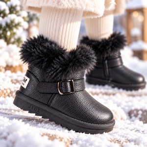 Cizme pentru fetite cu catarama, Negru sidefat, Superbaby, Model Pufy, Piele ecologica
