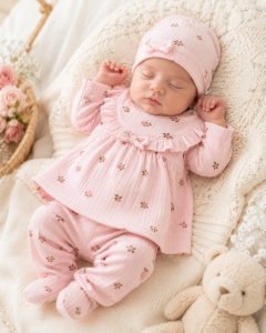 Compleu nou nascut fetite cu bluzita, pantaloni, caciulita, manusi si bavetica, roz floral, Bimbo, 0-3 luni,