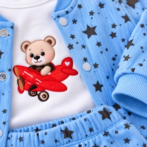 Costum bebe băieți 3 piese albastru cu imprimeu stelute și ursuleț din bumbac moale Superbebe Shop - Img 2