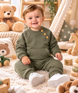Costum vatuit bebeluși băieți 2 piese verde bumbac moale cu hanorac și pantaloni cu genunchere (2) - Img 2
