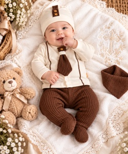 Costumas bebelusi 5 piese maro si crem cu papion, bumbac 100% Superbebe Shop