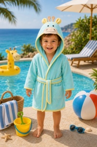 Halat de baie Premium, turquoise, animalut brodat, model 3D, Ramel