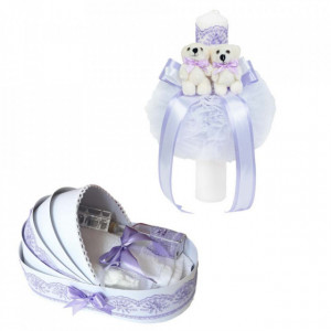 Lumanare botez glob cu ursuleti si trusou botez in landou, decor Lila, Denikos® 590