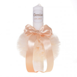 Lumanare botez personalizata si trusou botez in landou, decor Ivoire cu floricele, Denikos® 775 - Img 3