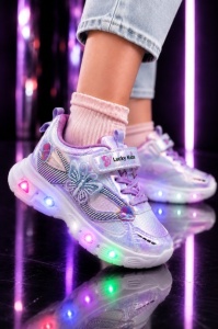 Pantofi sport cu lumini LED, Model Fluture, Piele ecologica, Fete, Mov