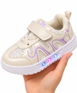 Pantofi sport cu luminite, Model Pearl, Piele ecologica, Fete, Alb - Img 2