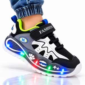Pantofi sport cu luminite, Model Super Confy Black, Textil si Piele ecologica, Baieti, Bleumarine - Img 2