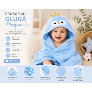 Prosop cu Glugă pentru Copii și Bebeluși Albastru – Model Pinguin - Moale și Absorbant - Img 3