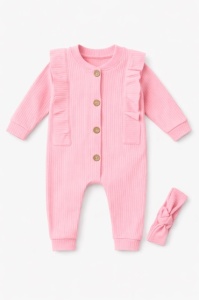 Salopeta bebe fetite bumbac rib cu volanase si bentita set roz - Img 2