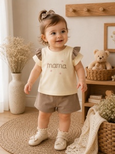 Set 2 piese Donino cu broderie florala mama si maneci cu volanase