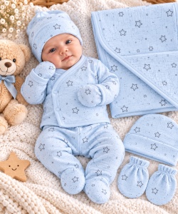 Set bebeluși 5 piese albastru cu model stelute, bumbac 100%
