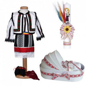 Set costum traditional fetita, trusou botez landou si lumanare, decor national, Denikos® C9283