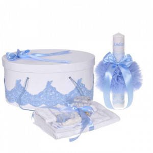 Set elegant trusou botez, cutie trusou si lumanare personalizata cu nume, decor dantela Bleu, Denikos® 940