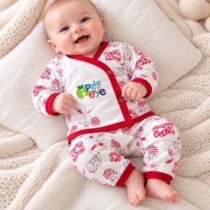 Set nou-născut bebe 5 piese, alb cu roșu, imprimeu iepurași, bluză, pantaloni, căciuliță, bavetă și mănuși - Img 2