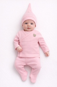 Set pentru bebelusi din bumbac cu bluza petrecuta, pantaloni si caciulita, roz