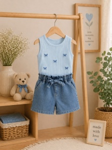 Set pentru fetite PAMPALKIDS cu pantaloni scurti denim, fluturasi