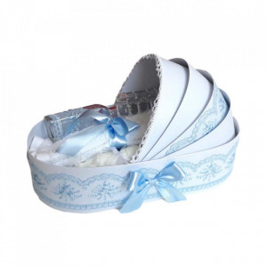 Trusou botez complet, in landou, decor elegant cu dantela bleu Denikos® 147