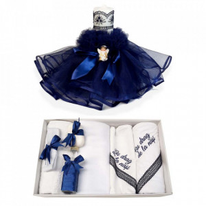 Trusou botez cu mesaj si lumanare dantela si Ingeras, decor bleumarin, Denikos® 549